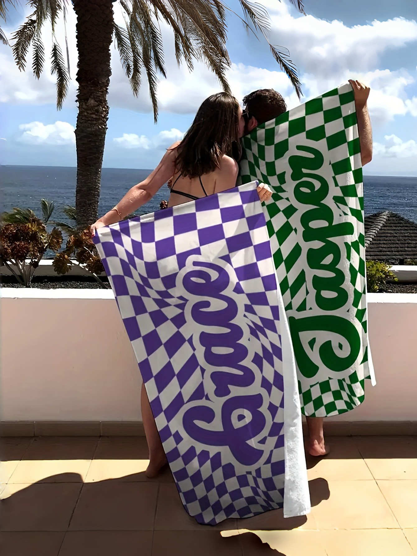 Checkered Text Personalized Beach Towel